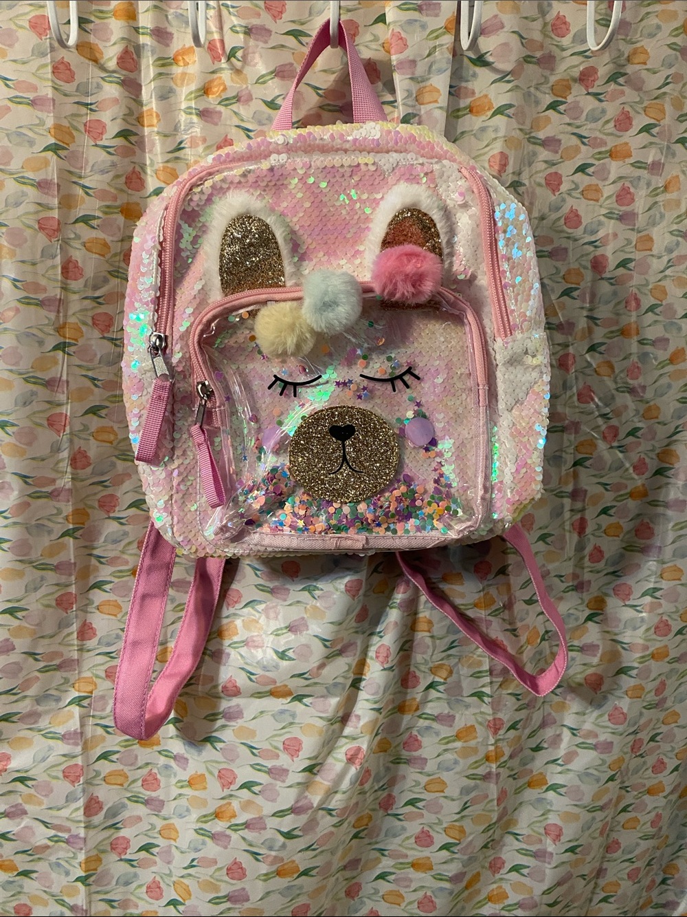 Cat & Jack Pink Sequin Bear Mini Backpack with Pom-Poms